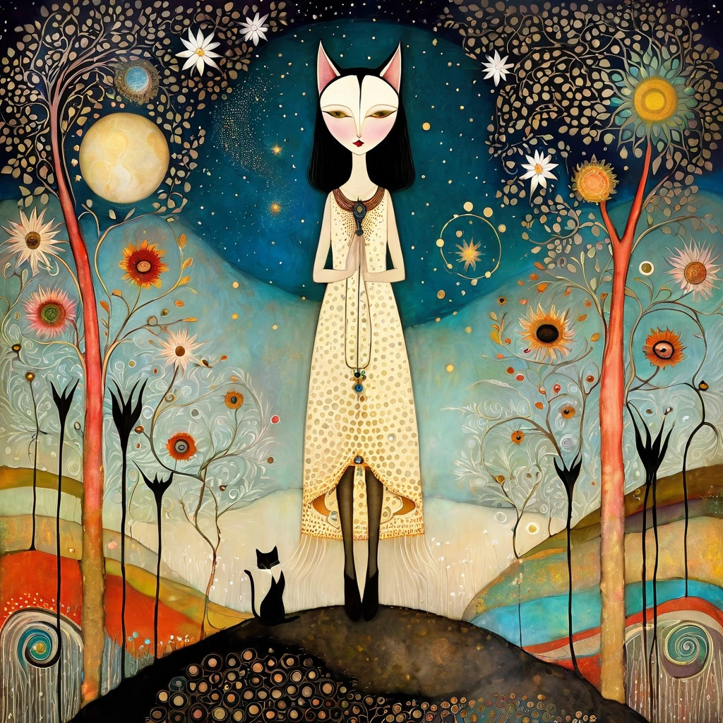Artistic style of Sam Toft, Florine Stettheimer, Dina Wakley, Catrin Welz-Stein, Gabriel Pacheco, Elisabeth Fredriksson, who use encaustic painting and sandpaper to give texture to the image: a tall, stylized, otherworldly, light-skinned cat girl wearing a long, ornate dress with intricate patterns and warm, earthy colors, black hair, flowing down her body, light brown eyes . The setting is ethereal, with a backdrop of starry sky merging into a swirling cosmos with brightly colored stylized celestial bodies and planetary rings. The ground is adorned with delicate stylized flowers, suggesting an otherworldly garden. Both characters have serene expressions, and their presence adds a magical and surreal touch to the scene.
