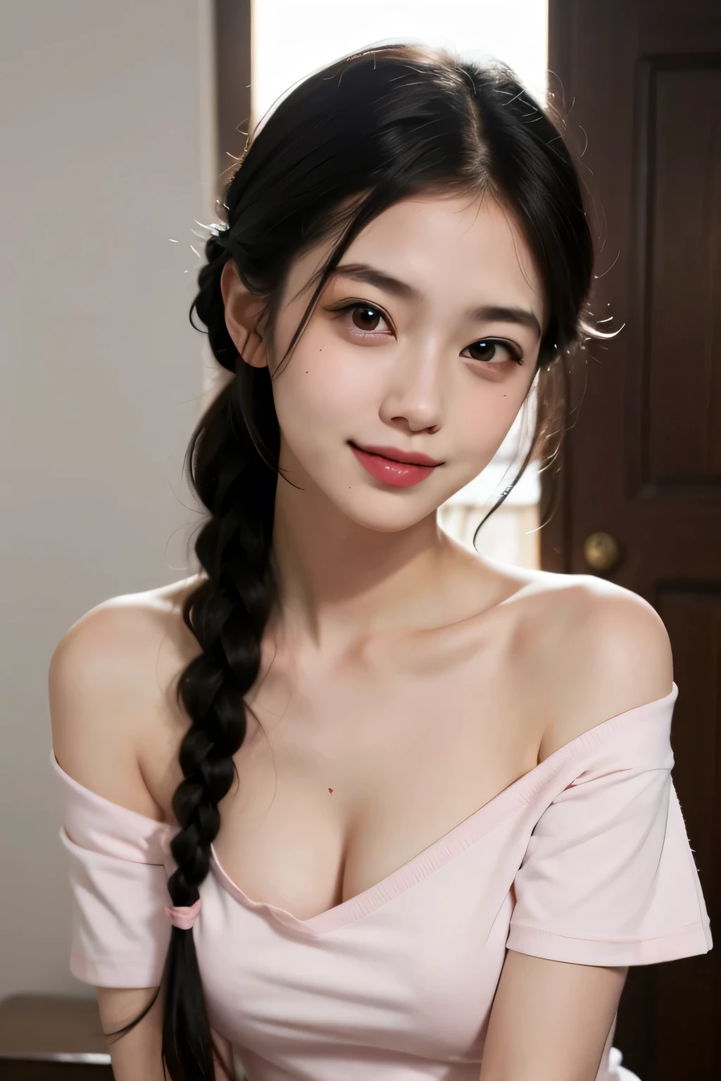 Sexy and cute woman, woman in love, black hair braided, very seductive and soft eyes, blushing hard, pink lips parted, seductive smile, long neck, collarbone, medium chest, cleavage, off shoulder t shirt, bare shoulders