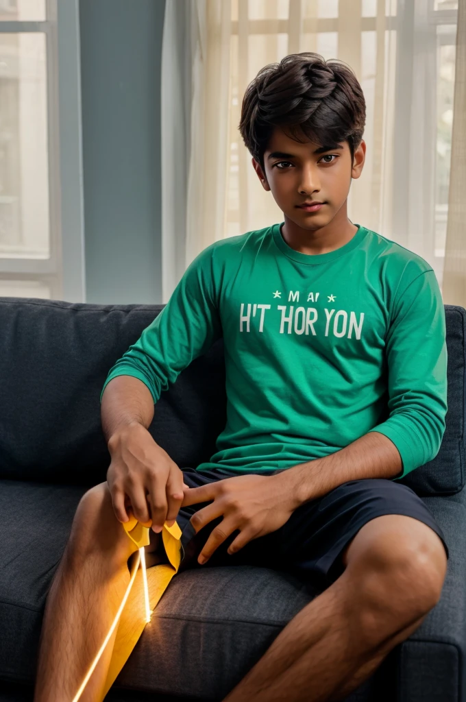 Make a boy sitting on sofa and his name glows on air name UTSAB