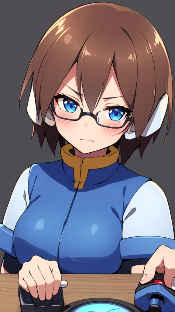 Aile_Megamanzx, 1 Girl, looking at viewer, Brown hair, Blue eyes, Simple background , Blushed , Leaning on a table , Glasses , Licking a lemon ice popsicle, gaming clothes