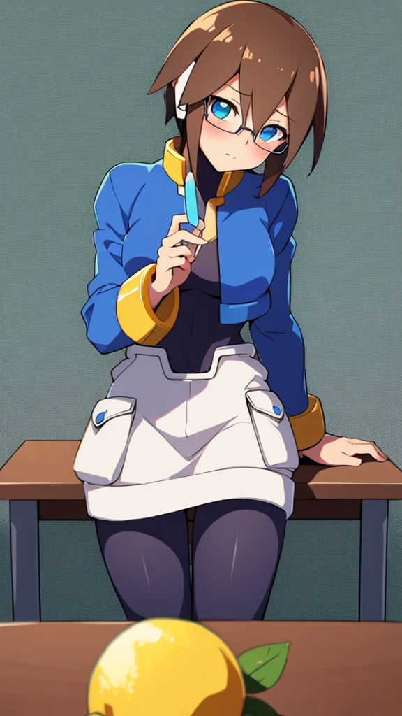 Aile_Megamanzx, 1 Girl, looking at viewer, Brown hair, Blue eyes, Simple background , Blushed , Leaning on a table , Glasses , Licking a lemon ice popsicle, gaming clothes