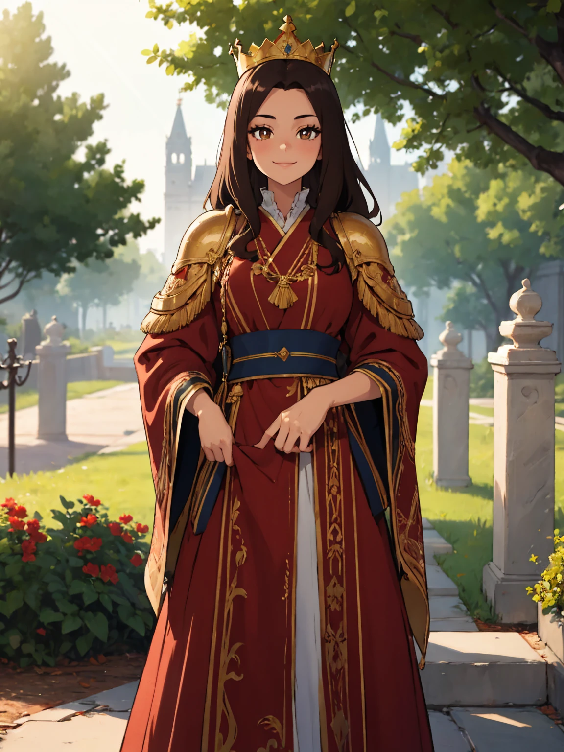 masterpiece, best quality, lineart, anime screencap, sketch, (1girl), brown hair, long hair, brown eyes, bright pupils, sparkling eyes, solo, royal clothes, royal robes, embroidered robes, ornate clothes, intricate robes, crown, standing, smile, standing, looking at viewer, light particles, scenery, outdoors, green fields, day light, sunlight, BREAK knight, knights, armored knights, multiple male, bokeh, blurry background, 200mm lens,
