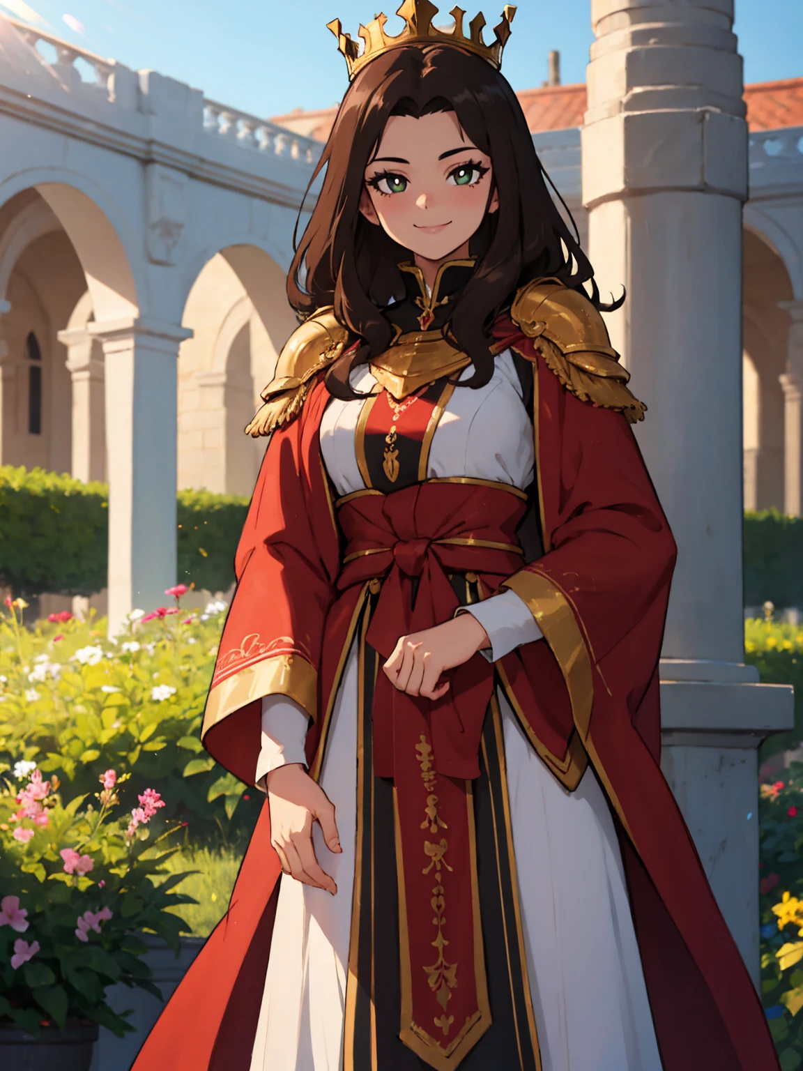 masterpiece, best quality, lineart, anime screencap, sketch, (1girl), brown hair, long hair, brown eyes, bright pupils, sparkling eyes, solo, royal clothes, royal robes, embroidered robes, ornate clothes, intricate robes, crown, standing, smile, standing, looking at viewer, light particles, scenery, outdoors, green fields, day light, sunlight, BREAK knight, knights, armored knights, multiple male, bokeh, blurry background, 200mm lens, 