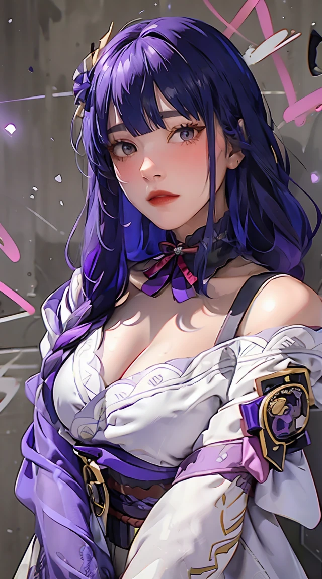 (masterpiece, best quality, 1girl, solo, intricate details, chromatic aberration), realistic, ((medium breath)),long hair, purple hair, purple head ornament, purple highlights, hair over one eye, green eyes, sharp eyes, choker, neon shirt, torn legwear, open jacket, turtleneck sweater, against wall, brick wall, graffiti, dim lighting, alley ,look at viewer,