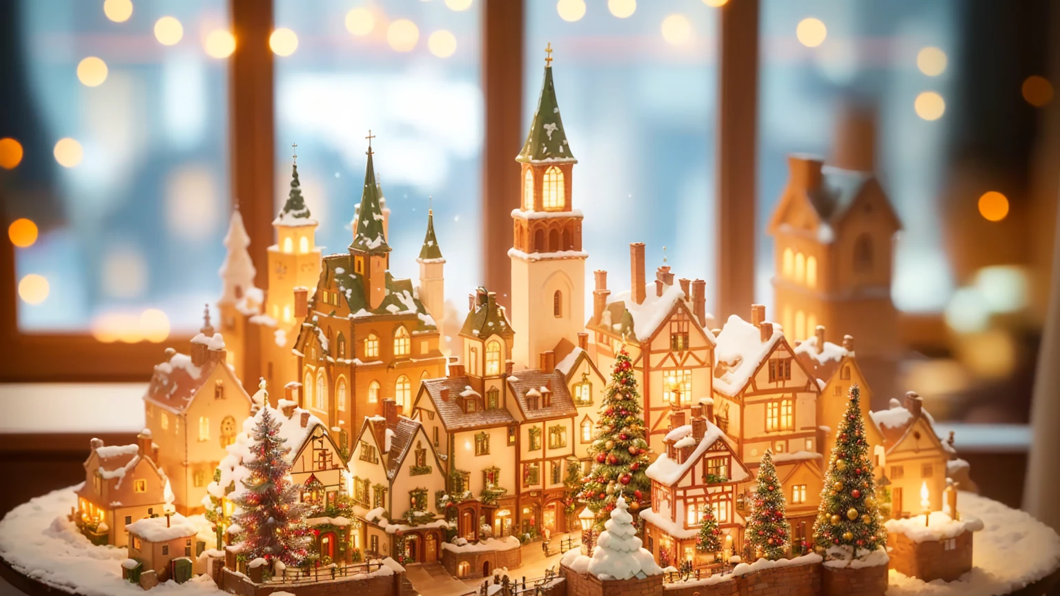 Close-up of a Christmas village with an illuminated church, Miniature cities, Magical Village, A bustling magical town, Tilt shift background, Miniature World, Tilt Shift, Tilt Shift, Beautifully illuminated building, Beautiful and detailed miniatures, Sunlight and capricious house, The windows are lit up., Realistic photos of the town, Set in a fantasy town, Pilgrim Village setting, Tilt Shift,Candle