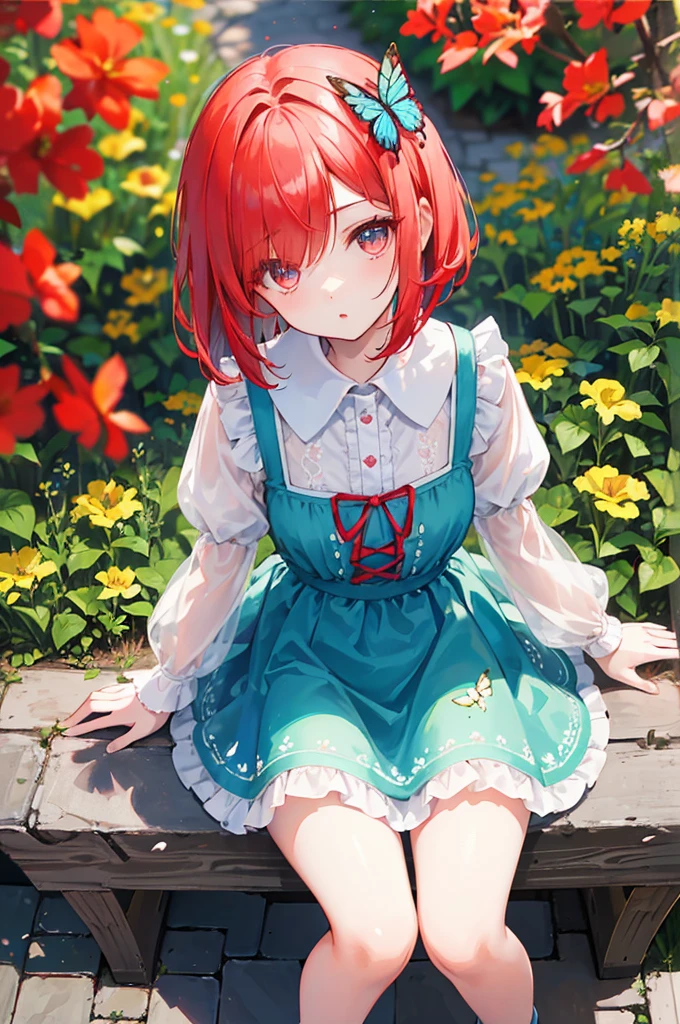 ((solo:1.2)),cute girl sitting on bench in garden,frilled dirndl,from above,looking up,cobblestone pavement,red hair,fine bob cut,(hair over one eye),(dappled sunlight:1.2),blurry,(depth of field:1.1),head tilt,:o,(petals),tree,butterfly