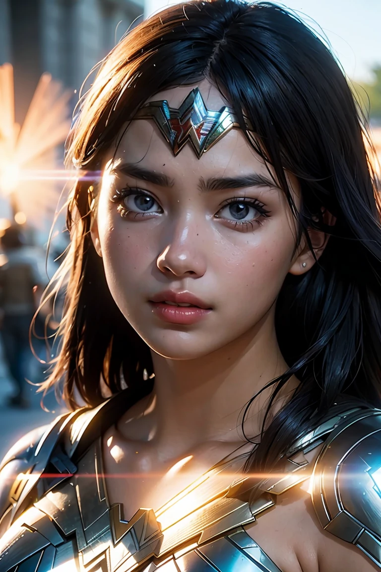 Scene from Movie, Wonder Woman from DC Close-Up, Distorted Space, Distorted Undead in the Background, Lens Flares, Light Shafts, Intricate Details, High Detailed, Volumetric Lighting, 4k Rendering, Stock Photo, Hyper-Realistic, Realistic Textures, Dramatic Lighting, Unreal Engine