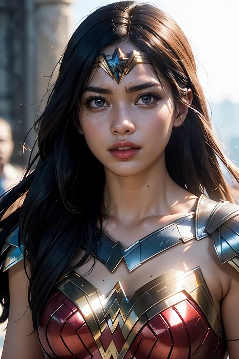 Scene from Movie, Wonder Woman from DC Close-Up, Distorted Space, Distorted Undead in the Background, Lens Flares, Light Shafts, Intricate Details, High Detailed, Volumetric Lighting, 4k Rendering, Stock Photo, Hyper-Realistic, Realistic Textures, Dramatic Lighting, Unreal Engine