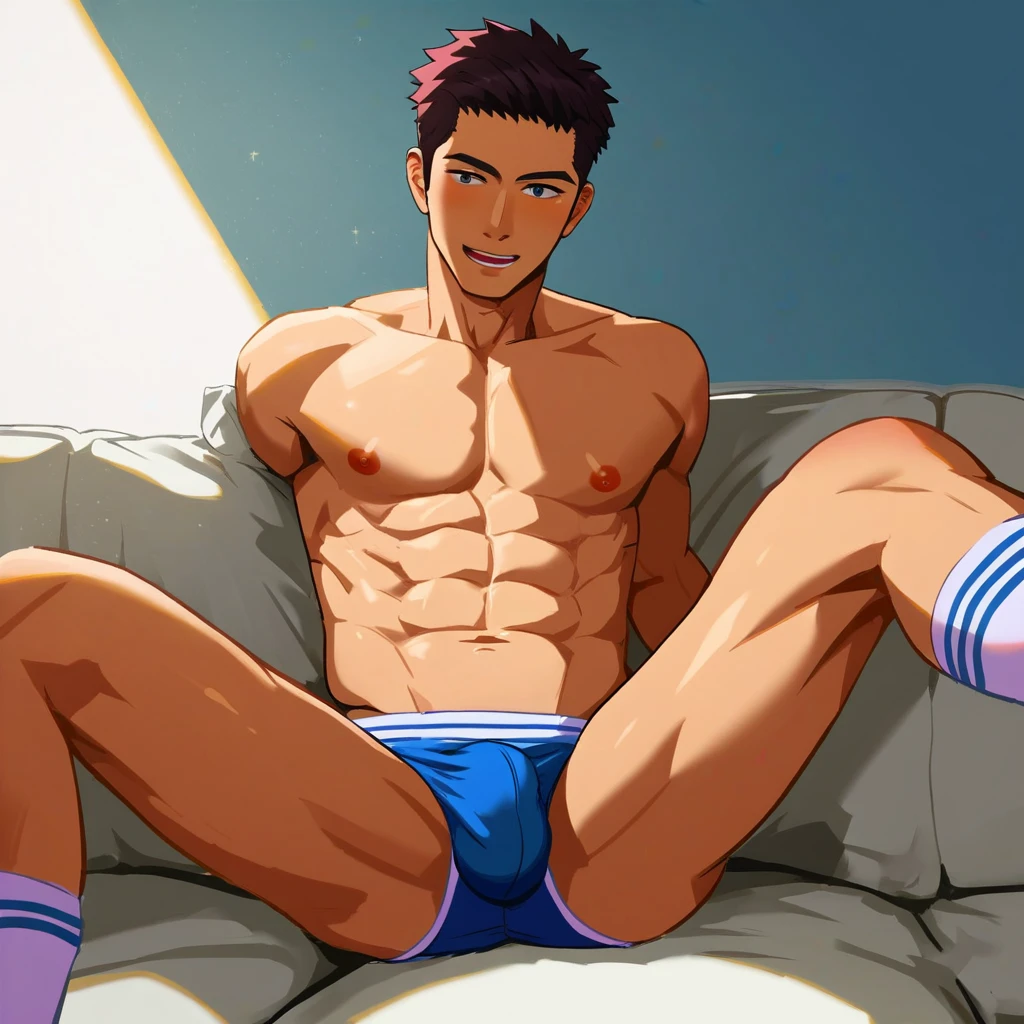 Anime man, Man, abs, male bulge, sitting, open legs, socks, nipples, masterpiece, beautifully done, 8k HD BREAK score_9, score_8_up, score_7_up