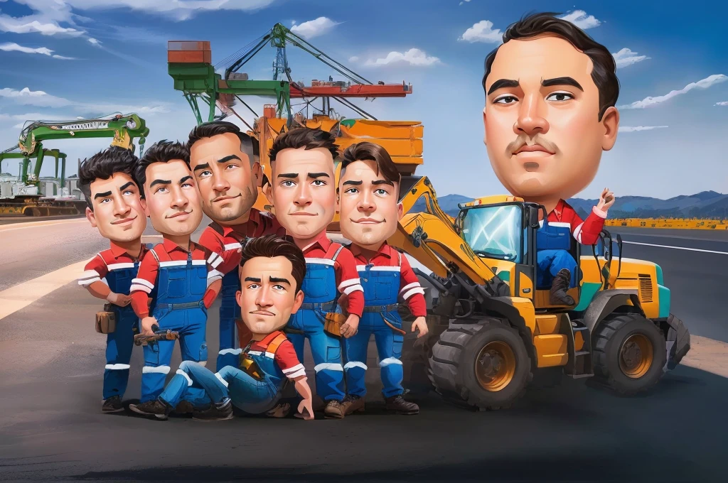 arafed picture of a group of men in blue overalls standing in front of a construction vehicle, caricature illustration, caricature style, cartoon digital painting, proffesional illustration, caricature, cartoon artstyle, potrait, in cartoon style, professional illustration, cartoon digital art, stylized digital illustration, professional artwork, digital art cartoon, official illustration, caricature!!!