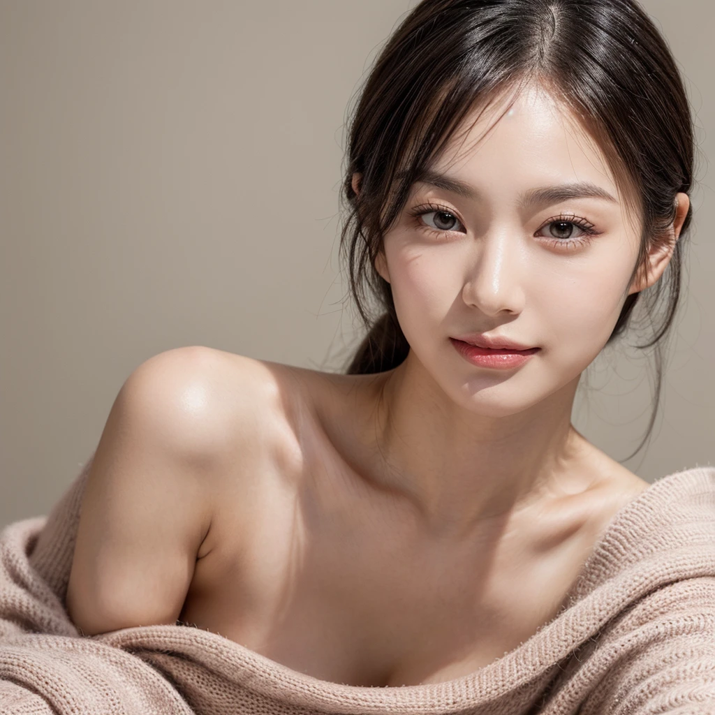 (8K, 4K, Best Quality, High Definition, Ultra High Definition: 1.1), (Masterpiece, Realistic, Photorealistic: 1.1), Solo, Japanese woman, H cup, cool, erotic, model's expression, porn star, medium length straight black hair, straight bangs, oval face, large round brown eyes, small well-shaped nose, small full lips, warm smile, thin neat eyebrows, clear and smooth light skin, high cheekbones, defined jawline, average forehead width, double eyelids, long dark eyelashes, small and unobtrusive ears, sharp and well-defined face lines, confident and friendly smile, natural makeup, light brown eyeshadow, subtle pink blush, natural pink lip color, slender and long neck, prominent collarbones, sharp neckline, elegant and clean overall impression, slim and well-balanced physique, mid-20s, approachable and attractive aura,