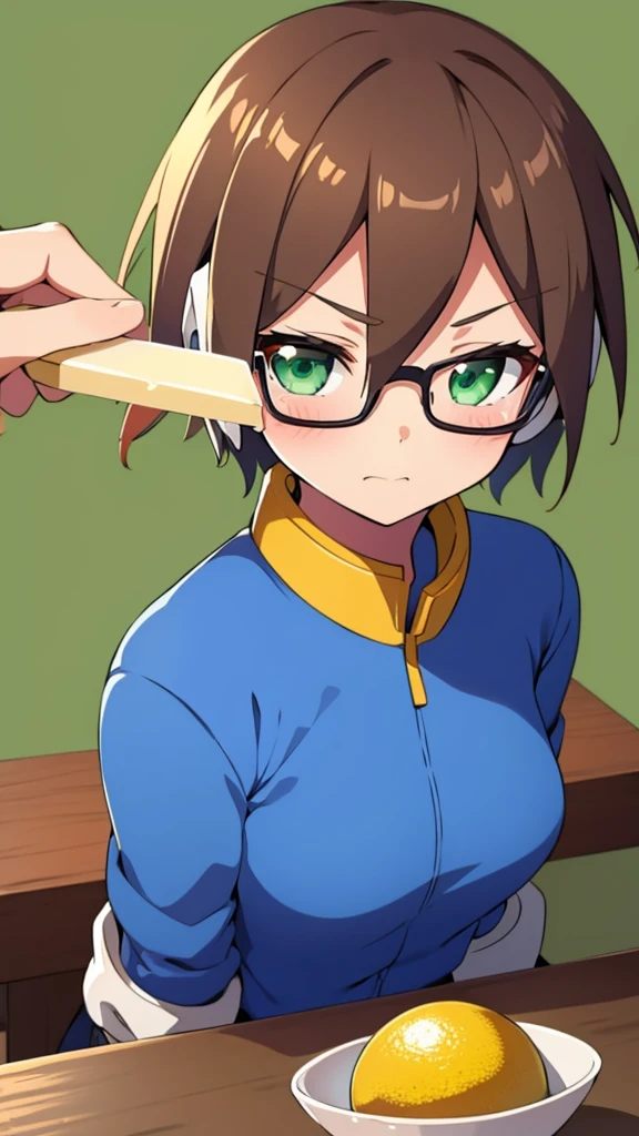Aile_Megamanzx, 1 Girl, looking at viewer, Brown hair, Green eyes, Simple background , Blushed , Leaning on a table , Glasses , Licking a lemon ice popsicle, gaming clothes