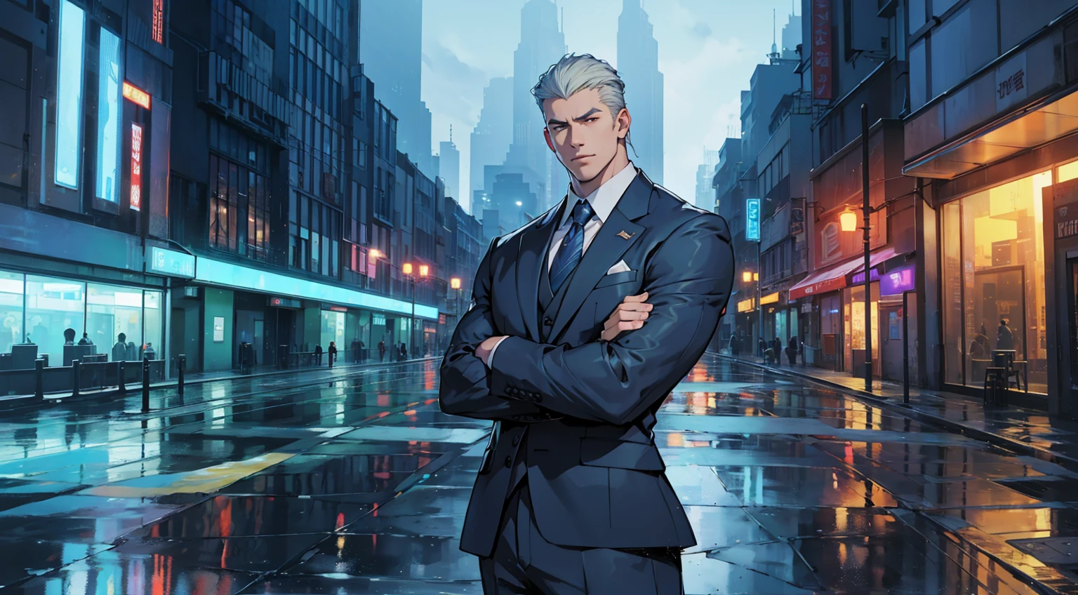 cityscape background. Lots of LED lights, Illuminating the night, Reflection of buildings in puddles on the ground. Movie, 8K, Rich in details,Drawing of a young Chad, Dark blue suit,hong'se'r tie, White shirt,Pants,入耳式earphone,earphone, Looking at the camera, male,Silver short hair,Blue Eyeuscle,bodyguard,Light and Shadow,(Luminescence:1.5),(Cyberpunk:1.5)