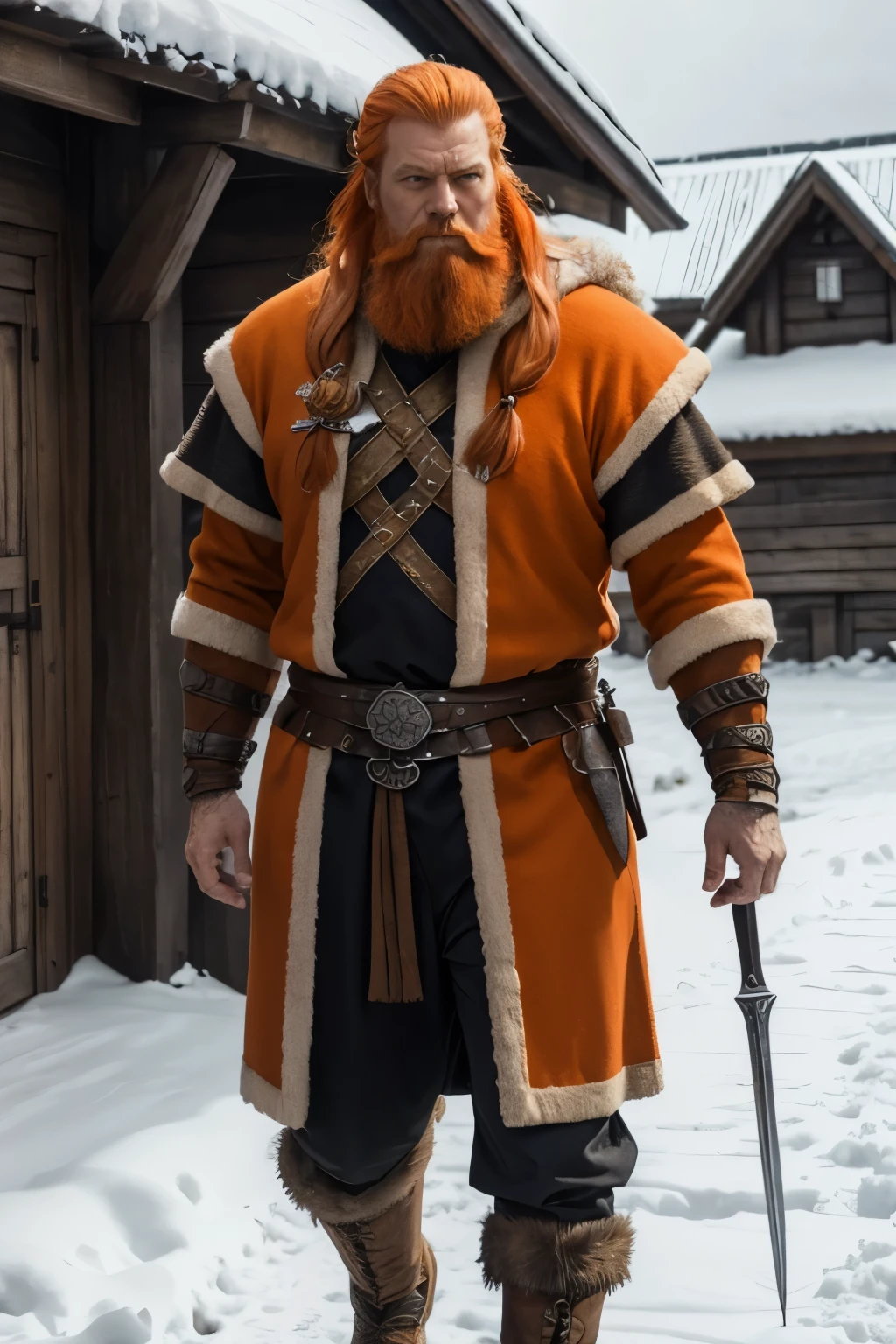 A grumpy male nordic jarl. 50 years old. Orange slicked back hair. Orange beard. Outfit of a noble jarl. In an abandoned viking village in the snow.