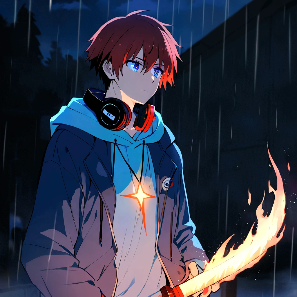 18 year old male anime wearing a blue hoodie with the word "RAFIF" on the chest, Hoodie has a shining effect, Wearing Sneakers, Blue and Red Hair, Headphones around the neck, holding a shining fire katana, rainy night atmosphere.