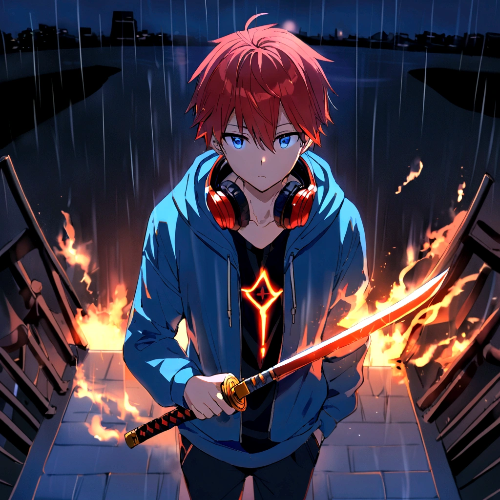 18 year old male anime wearing a blue hoodie with the word "RAFIF" on the chest, Hoodie has a shining effect, Wearing Sneakers, Blue and Red Hair, Headphones around the neck, holding a shining fire katana, rainy night atmosphere.