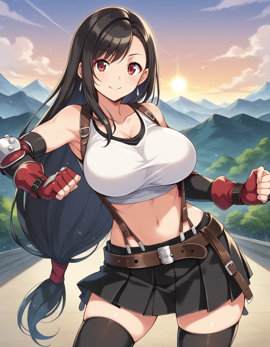 ,1990s_(style),,core_9, score_8_up, score_7_up,score_6, score_5,4k,rating_safe BREAK , (from front),(breast focus),standing,,fighting pose,,(medium shot),looking_at_viewer ,1girl, tifa lockhart, final fantasy, tareme,black hair, low-tied long hair, red eyes, bangs, (white tank top, belt, pleated skirt, thighhighs, elbow fingerless gloves, elbow pads, midriff, navel,suspender skirt) ,large_breasts,(light smile),,,Solo,,(daytime and outdoor and mountain),detailed skin,(best quality),(aesthetic,very aesthetic),studio anime,anime,highly detailed,super fine illustration,anime screencap ,sharp focus,depth of field,,professional lighting,cinematic lighting