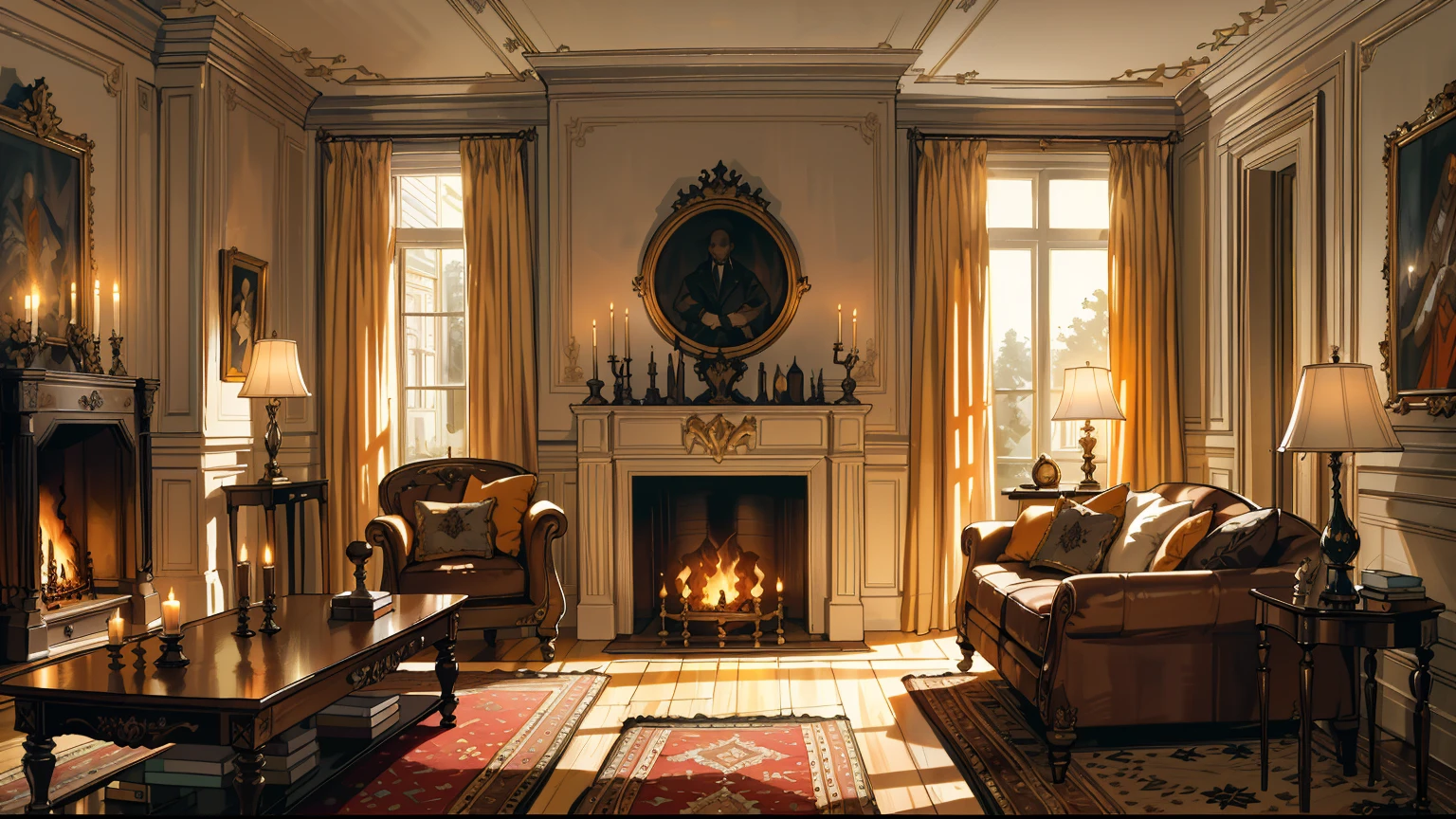 Interior, victorian Manor with reliquies, (((Nigth))), (((moonligth enters the living room))) soft pale orange palette, soft secundary exterior ligth,the wooden floor,,, glowing, best quality, high details, epic, dramatic, cinematic lighting, detailed textures, (masterpiece, best quality:1.2)