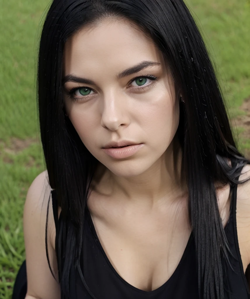 (POV, kissing), from above, 1 girl, Alone, One focus, facing the viewer, kissing viewer, eyes open, (detailed lips), lips, big lips, grass field background, Soft light, Shelob, pale skin, long black hair, green eyes, wearing black dress, huge breast cleavage