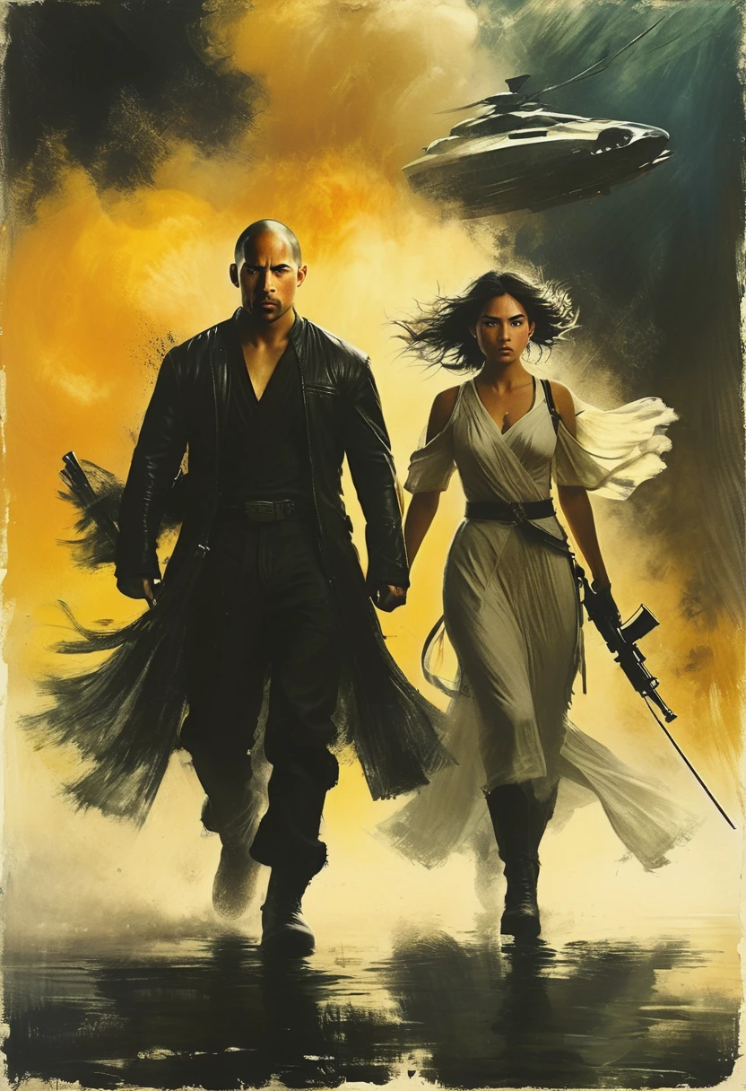 The plot of the movie "Fast and Furious". Actors playing their characters. The clothing and weapons indicate that this is most likely a scene from a science fiction film. The overall mood of the frame is tense and dramatic, as if the character is in a dangerous situation, Painting in the style of Anders Zorn, Alexi Brilo, Luisa Royo, Studio Ghibli Genshin Impact