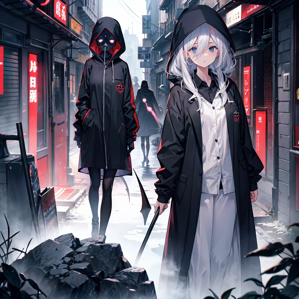 (((Grim Reaper's Scythe))) (((Gray Hair short hair blue eyes woman Large Breasts smile))),((Give a hand My own big wings)),(Wearing a hood Black camisole Purple light Cute pose), Shining Background Shining Edges