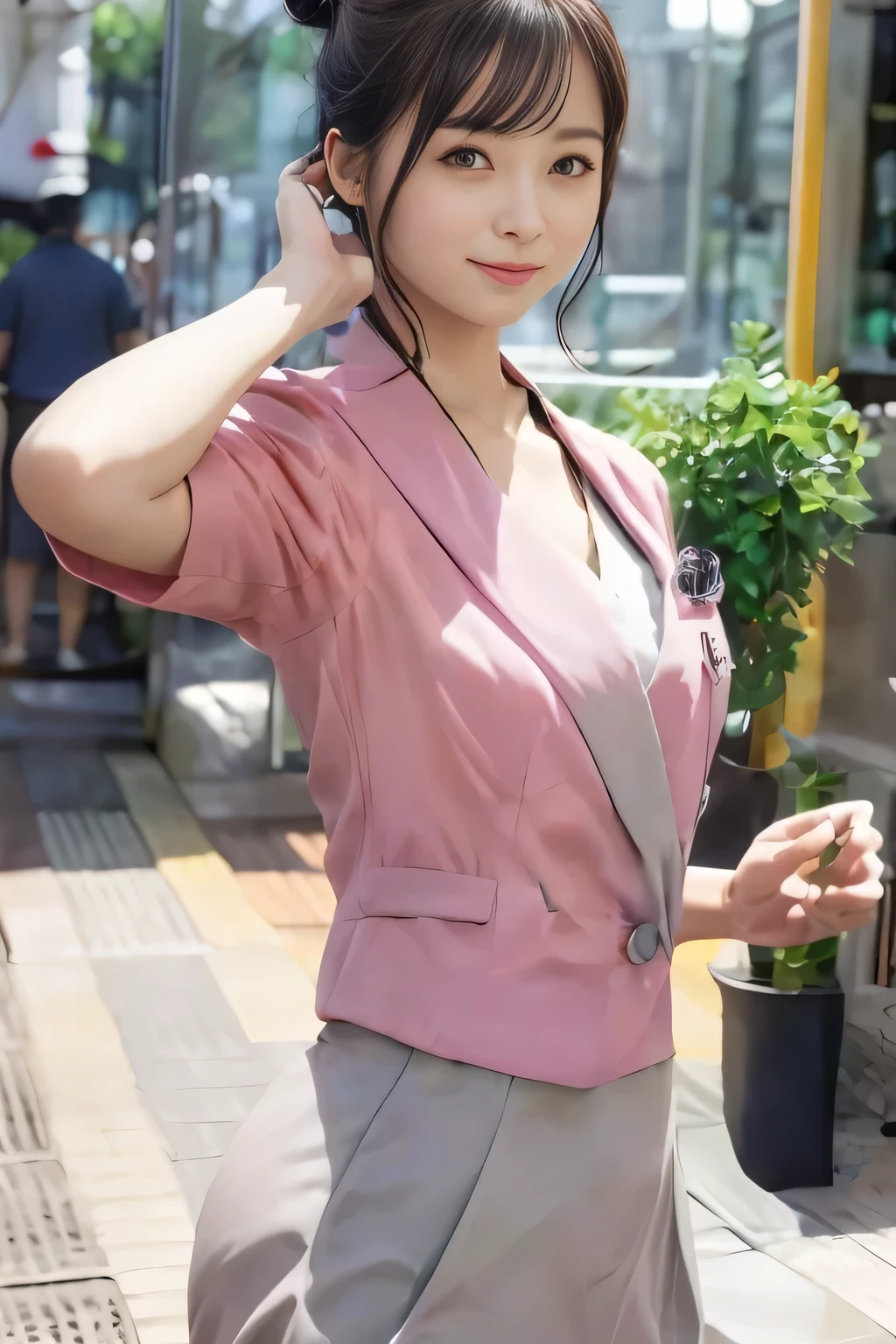 (masterpiece:1.2, Highest quality:1.2), 32k HDR, High resolution, (alone、1 girl)、（On the rooftop of a building in the daytime、Professional Lighting）、Building rooftop background、（Nankai train crew uniform pinkを着たリアルスタイル）、（Nankai train crew uniform pink short sleeve collarless pink jacket、Nankai Train Crew Uniform Pink Collarless Short Sleeve Blouse、Nankai Train Crew Uniform Pink Grey Knee-length Culottes）、（（The bottom of the pink short-sleeved jacket cannot be tucked into the clay-colored culottes.））、Dark brown hair、（Hair tied up、Hair Bun、Hair Bun）、Dark brown hair、Long Shot、Big Breasts、Thin legs、（（Great hands：2.0）），（（Harmonious body proportions：1.5）），（（Normal limbs：2.0）），（（Normal finger：2.0）），（（Delicate eyes：2.0）），（（Normal eyes：2.0））)、（Nankai Train Crew Uniform Pink Grey Knee-length Culottesを見せた美しい立ち姿）、smile