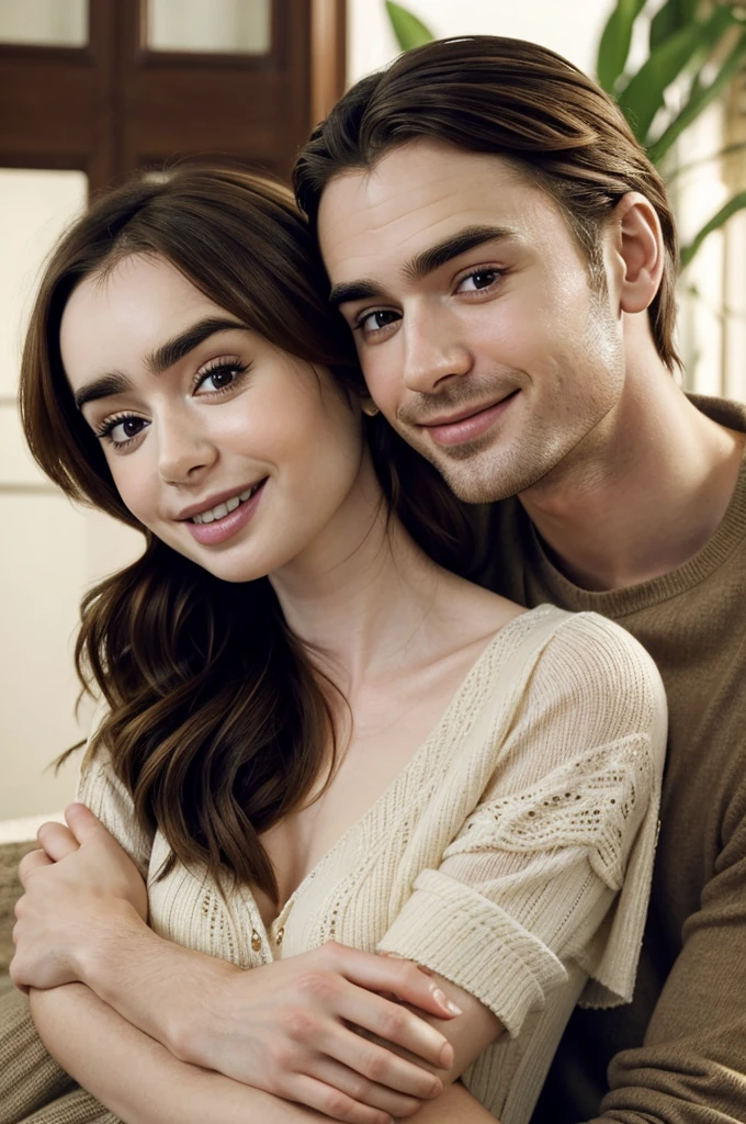 “In the picture, Lily Collins smiles radiantly at the camera, her gaze direct and captivating, as she gently cups Lucas’s cheeks with one hand, her palm supporting his jaw. Lucas smiles warmly, looking at Lily, who leans affectionately against his shoulder, her head resting there in a friendly gesture.”