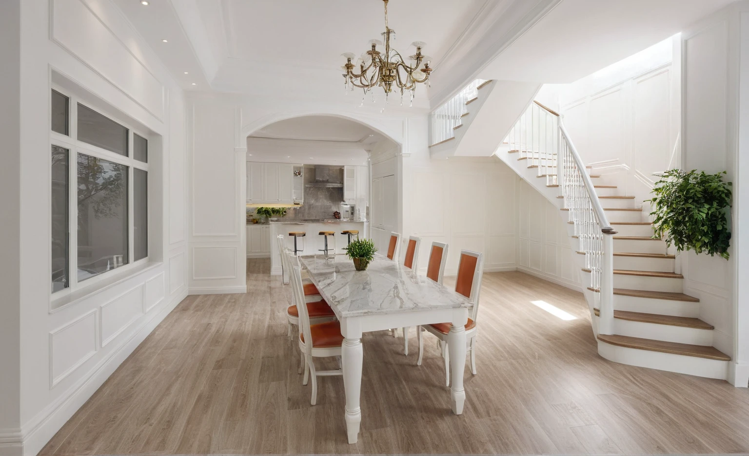 Raw photo,Masterpiece, high quality, best quality, authentic, super detail,
interior, indoors,kitchen room, neoclassic style , kitchen cabinet, island table, windows, stair, plants, bright tone, white wall
, (daylight:1.1), vivid colour, (realistic:1.2),JJ's Interior