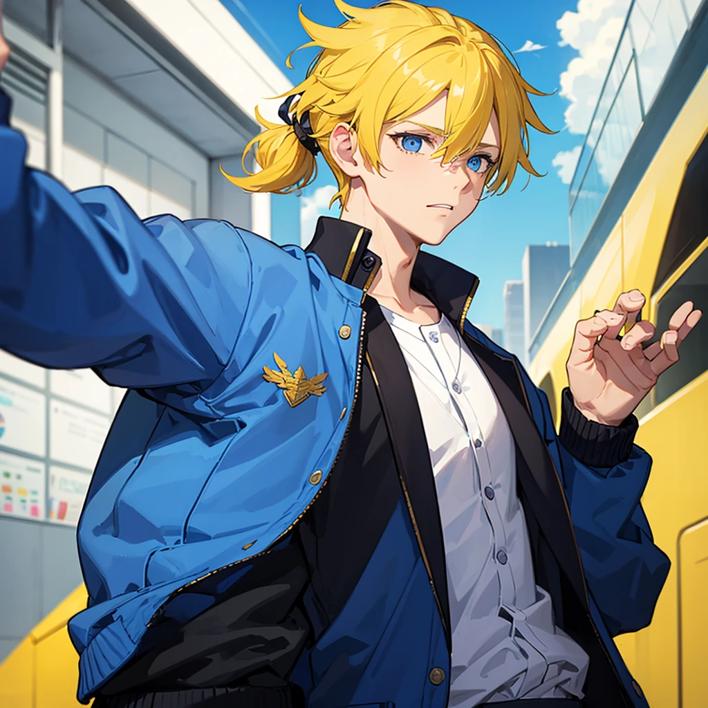 A boy, with ponytail, His hair is yellow, his eyes are blue, he wears a baseball jacket and wears a blue suit, school,