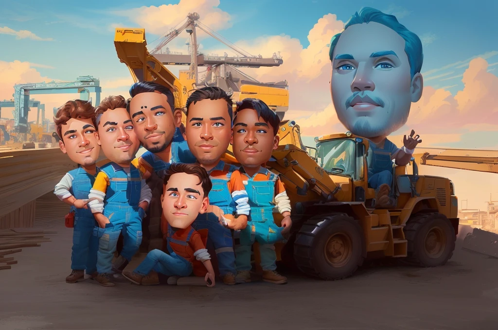 arafed picture of a group of men in blue overalls standing in front of a construction vehicle, caricature illustration, caricature style, cartoon digital painting, proffesional illustration, caricature, cartoon artstyle, potrait, in cartoon style, professional illustration, cartoon digital art, stylized digital illustration, professional artwork, digital art cartoon, official illustration, caricature!!!
