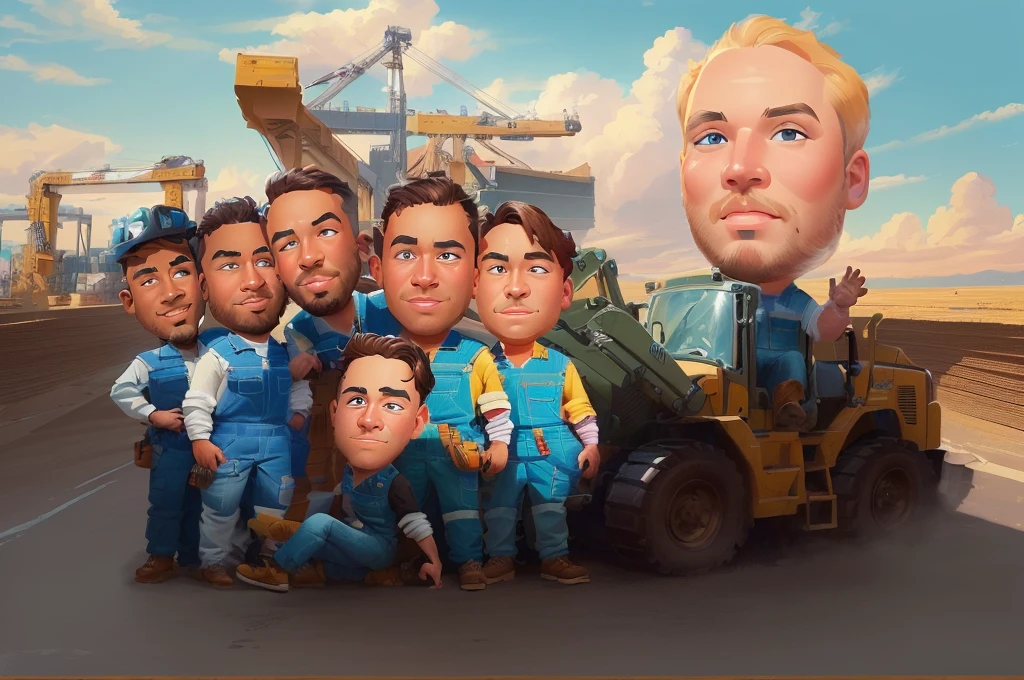 arafed picture of a group of men in blue overalls standing in front of a construction vehicle, caricature illustration, caricature style, cartoon digital painting, proffesional illustration, caricature, cartoon artstyle, potrait, in cartoon style, professional illustration, cartoon digital art, stylized digital illustration, professional artwork, digital art cartoon, official illustration, caricature!!!