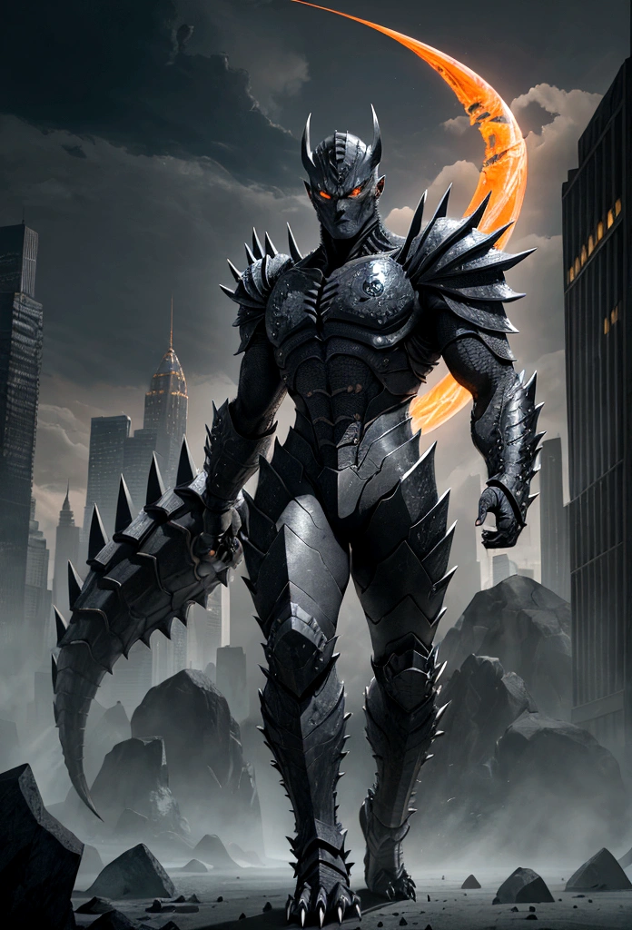 Kaiju form of a human, sharp, obsidian-like plates that overlap like armor reptilian head, obsidian spikes running from the forehead to the back of the neck. Four glowing amber eyes, arms with massive claws and blades, feet have three large, taloned toes, A long, whip-like tail ending in a mace-like cluster of obsidian spike, orange lines and aura in between armor. HD. city background destroyed. ultra HD, masterpiece, 4k, 8k