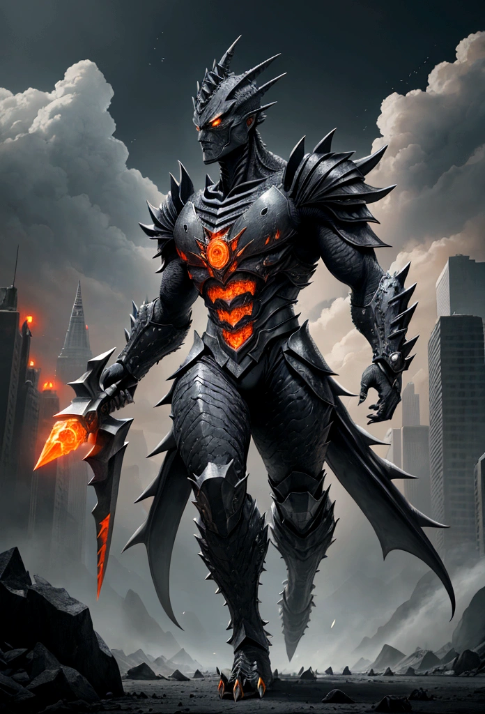 Kaiju form of a human, sharp, obsidian-like plates that overlap like armor reptilian head, obsidian spikes running from the forehead to the back of the neck. Four glowing amber eyes, arms with massive claws and blades, feet have three large, taloned toes, A long, whip-like tail ending in a mace-like cluster of obsidian spike, orange lines and aura in between armor. HD. city background destroyed. ultra HD, masterpiece, 4k, 8k