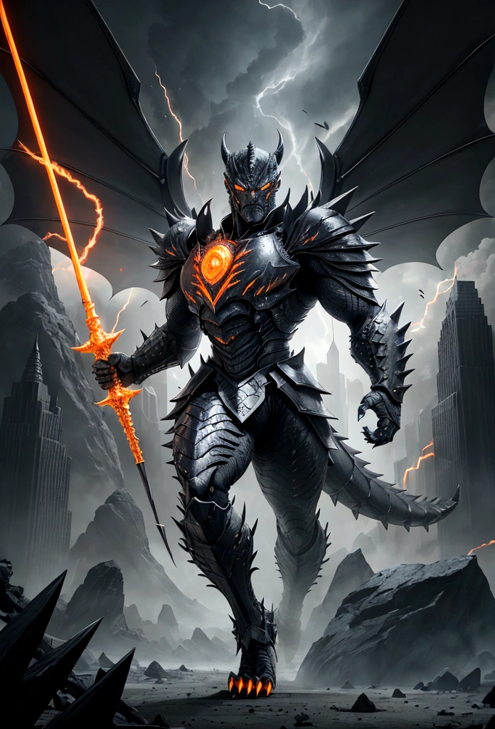 Kaiju form of a human, sharp, obsidian-like plates that overlap like armor reptilian head, obsidian spikes running from the forehead to the back of the neck. Four glowing amber eyes, arms with massive claws and blades, feet have three large, taloned toes, A long, whip-like tail ending in a mace-like cluster of obsidian spike, orange lines and aura in between armor. HD. city background destroyed. ultra HD, masterpiece, 4k, 8k