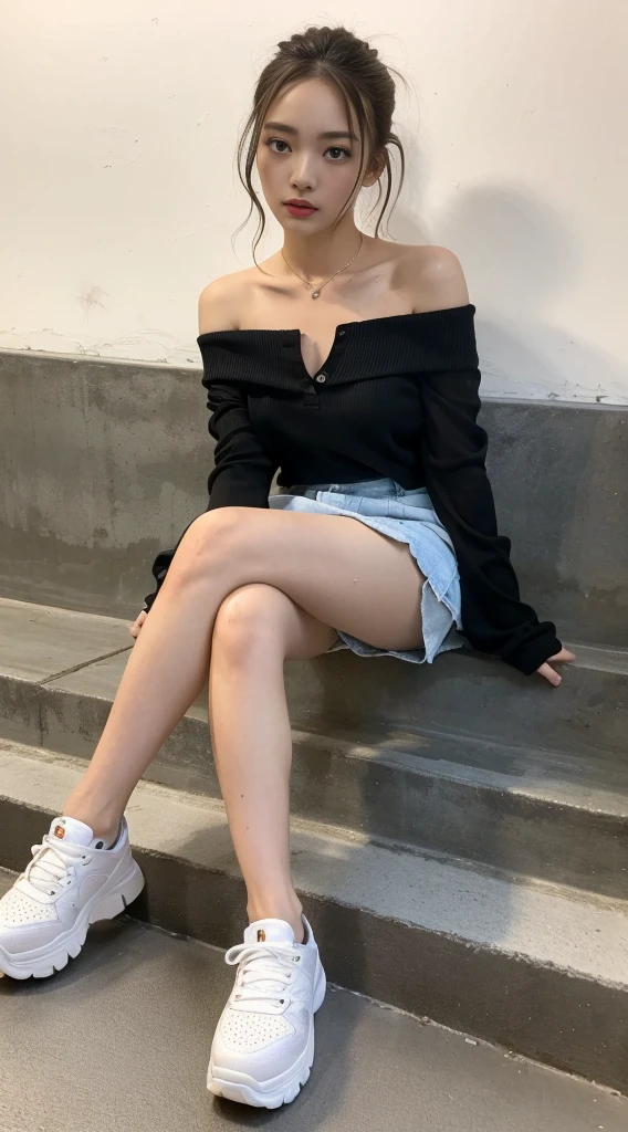 ((Best image quality, 8K, masterpiece:1.3)), One girl, Casual Hairstyles, (Off-the-shoulder blouse,Short pleated skirt:1.3),(Wet, see-through clothes:1.4),Ultra-fine face, Detailed eyes, double eyelid,(Long legs:1.4),(Athletic Sneakers:1.3)Erlang Leg,Sit sideways on a high platform