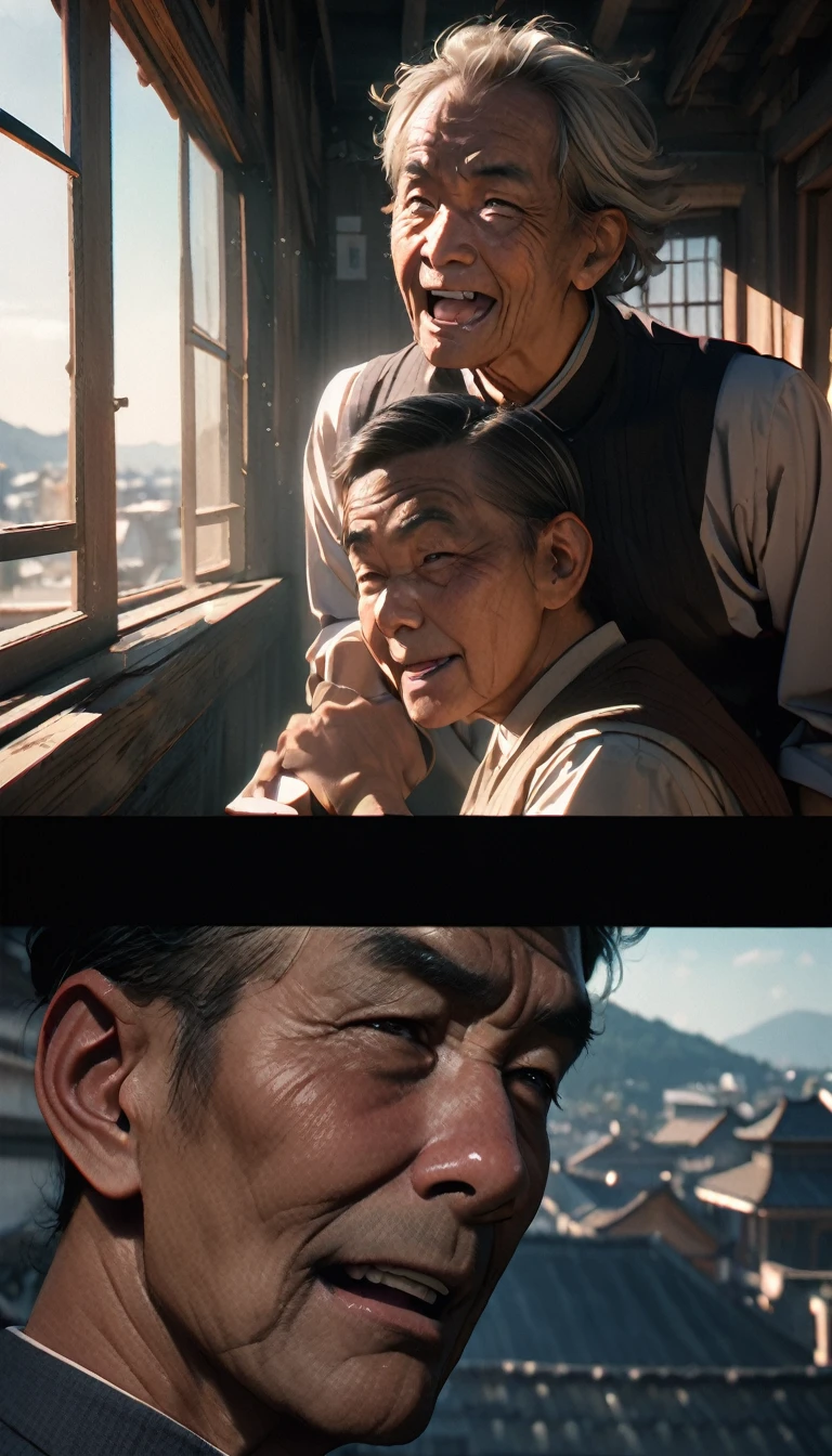 (8K, RAW photos, best quality, masterpiece: 1.4), (((Four Chinese uncles playing mahjong))),Ultra-high resolution, Extremely detailed, light, Close-up of the second floor window, Greasy man, Scruffy hair, Dark skin,dark, Sleeveless vest, Open your mouth to argue,(perfect anatomy:1.2), High-quality shadows, Natural Lighting, (White highlights:1.2), night, cloudy day, (Looking inside the house from the second floor window:1.2), (Room:1.2)