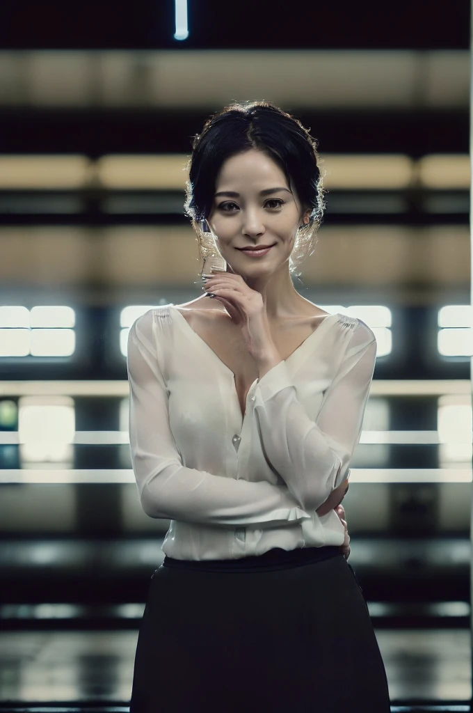 (((Very realistic, frontal, American shot photos of actresses taken by a professional photographer, very Seductive pose, 32k, 7 heads、looking at viewer, Staring Intently :1.5))),(A pure white, extremely thin fabric business short-sleeved open-neck shirt with a wide V-neck, Soaking wet:1.4)。((Highest quality)), ((masterpiece)), (((detailed))), (midnight ,A modern train station platform in Tokyo on a dark, pouring, stormy night, Low Key Lighting:1.6)、(((A very beautiful, extremely elegant and intelligent 39-year-old Japanese woman。Very intelligent and goddess-like face。An extremely elegant, calm and modest smile, Being drunk、My eyes are quite watery、I'm very horny、embarrassed ,blush, Curvy Body:1.9)))、(((A short, well-groomed, shiny black haircut。The skin is white and very smooth。A very hot rainy summer night、I'm pretty sweaty、My clothes were soaking wet and transparent、When wet, it sticks perfectly to your skin, revealing your beautiful body lines.、Through the extremely thin fabric, her skin and her navy blue, lacy, high-end underwear are clearly visible.:1.9)))。(((A simple and elegant business pencil skirt in a plain navy blue knee-length,The clothes fit the body very well:1.8))), (Healthy Body、The line of the chest, collarbone and décolletage are extremely beautiful.:1.9)。She is looking straight at the camera with a very shy look on her face.。Light makeup and no piercings,A simple and modest pearl necklace、(((large hips、large chests )))