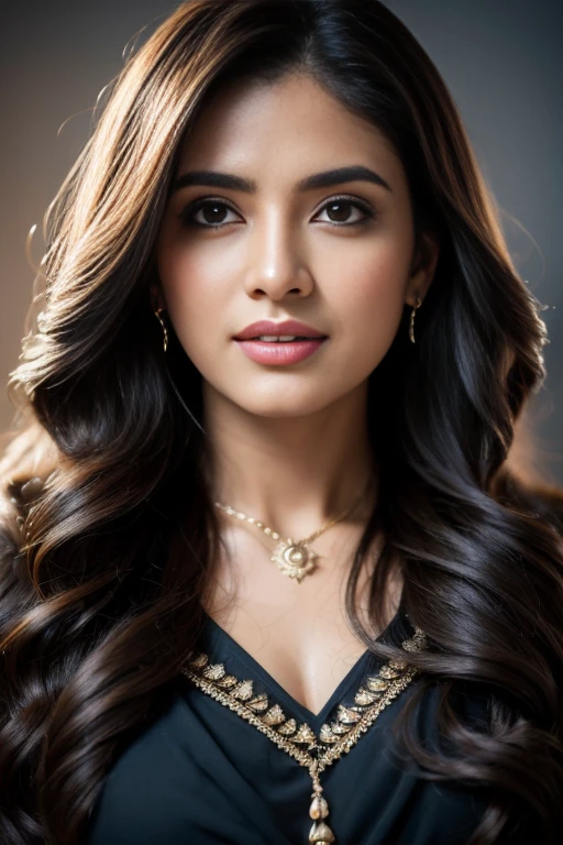 Portrait of A confident-looking indian woman with long flowing hair, hazel eyes, with flowing capes, perfect composition, hyperrealistic, super detailed, 8k, high quality, trending art, trending on artstation, sharp focus, studio photo, intricate details, highly detailed, https://www.seaart.ai/explore/detail/cor4k9de878c738l8c00