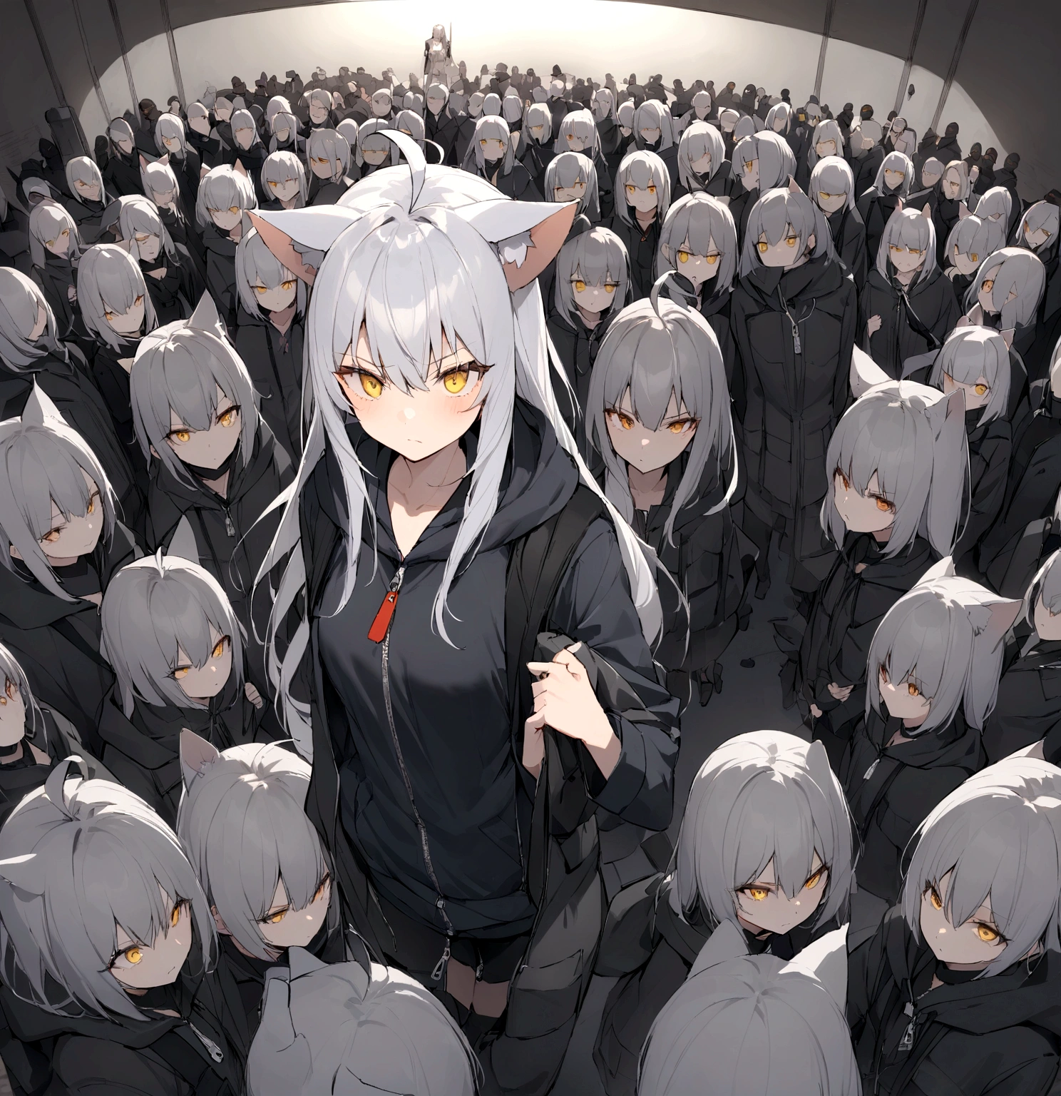 Zipper full open、Wear loose, oversized collared clothing、、Put on an oversized zip-up hoodie、Serious face、A large number of subordinates can be seen in the distance、Surrounded by operatives、Give a command、Secret Police Meeting Room、Gray cat ears、Gray cat earasterpiece, best quality:1.2), 1girl, 独奏、Grey long hair、Ahoge、Yellow Eyes、Background of a military base with guns、Fisheye Lens、battlefield、Shadows of light and darkness、Expressionless、battle、Gray trench coat、Put a black hoodie over your arm、Surrounded by enemies、Zip hoodie worn over the arm