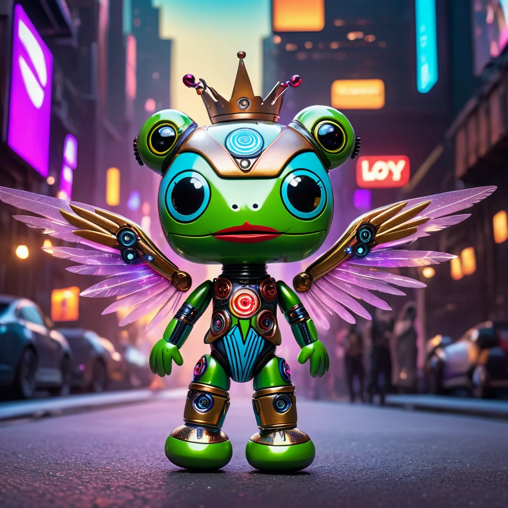 (knitted toy voodoo doll:1.9), (Voodoo Frog:1.3), (Clothing: semi-synthetic jumpsuit with shimmering holographic inserts, built-in LED panels:1.0), (Accessories: bionic wings with laser feathers, plasma gloves, holographic crown band:1.2), (background: high-tech city of the future with floating platforms and giant holograms, flying cars and robots in the background:1.2), best quality, masterpiece, detailed soft oil painting, detailed background, dramatic cinematic lighting, soft edge lighting, professional, dramatic lighting, hard edge lighting, ultra quality, 4k,masterpiece, best quality, 8k, ultra highres, highres, extremely detailed