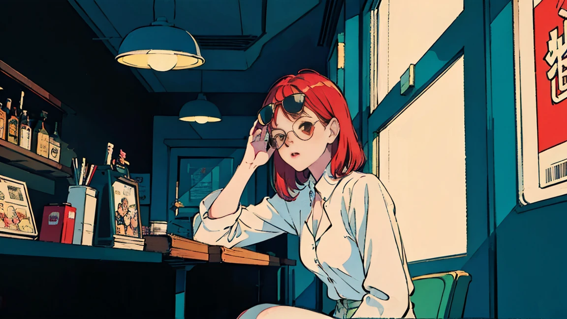 beautiful asian girl with red hair sitting in a diner at night, seen through a window, perfect face, sunglasses, smoking a white tailor made cigarette, NeonNoir, (backlit: 1.1), hard shadow, masterpiece, best quality, Intricate, modelshoot style, vintage, film grain, Incomplete details drive,citypop,cassettetape,record