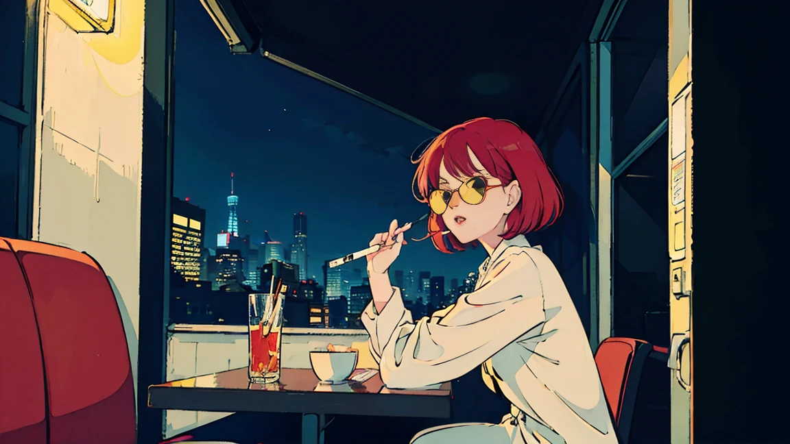 beautiful asian girl with red hair sitting in a diner at night, seen through a window, perfect face, sunglasses, smoking a white tailor made cigarette, NeonNoir, (backlit: 1.1), hard shadow, masterpiece, best quality, Intricate, modelshoot style, vintage, film grain, Incomplete details drive,citypop,cassettetape,record