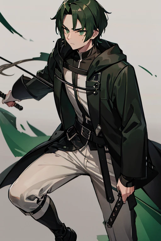Greenish-black hair Adult male cool He is slashing at me with a worn-out sword with a rotten blade. Serious expression He is wearing a tight black coat Combat posture