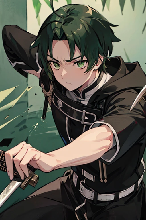 Greenish-black hair　Adult male　cool　He is slashing at me with a worn-out sword with a rotten blade.　Serious expression　He is wearing a tight black coat　Combat posture