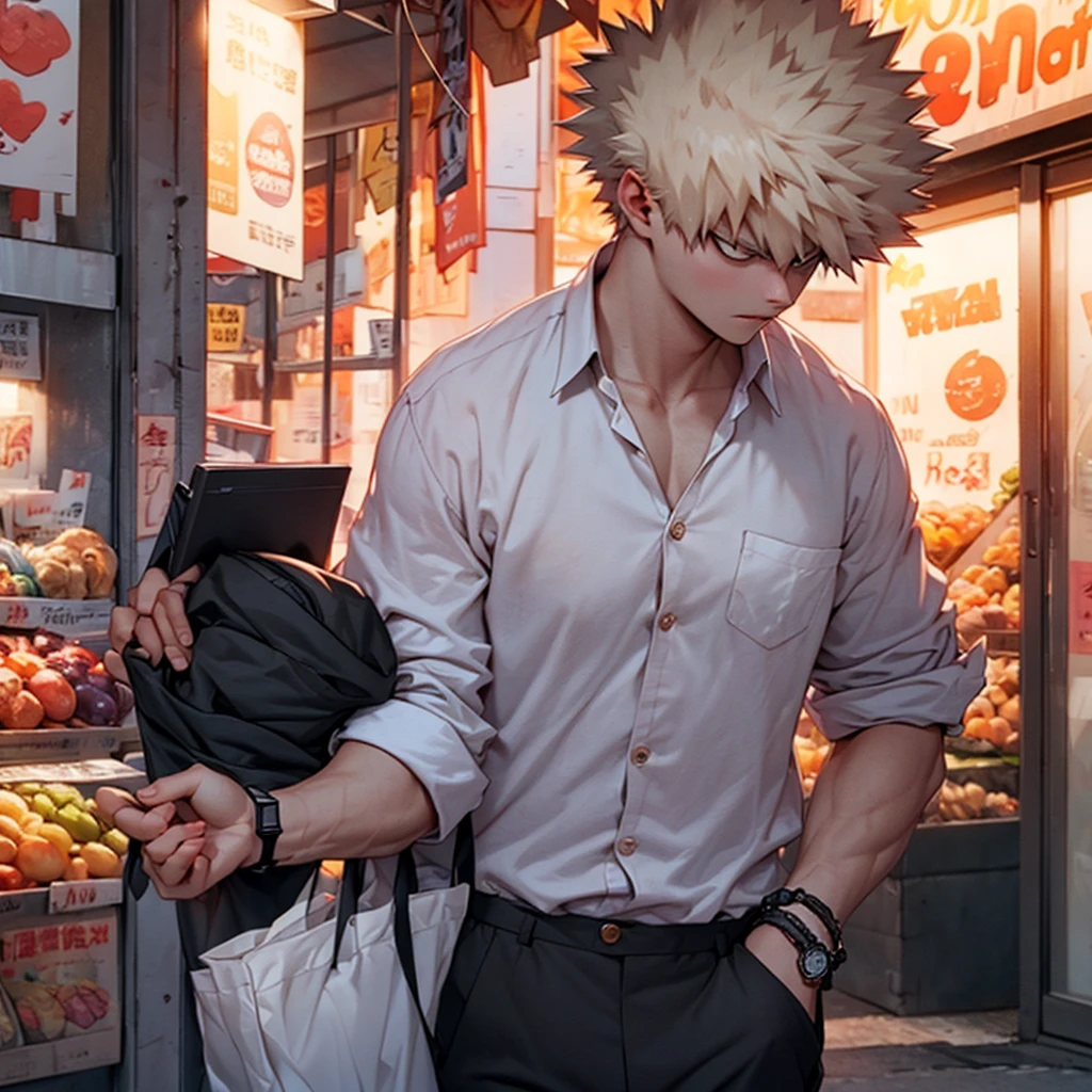 Bakugou Katsuki in white open shirt and black pants with some bracelets and a wristwatch walks on the street, look around, Evening scene, Busy market, upper body