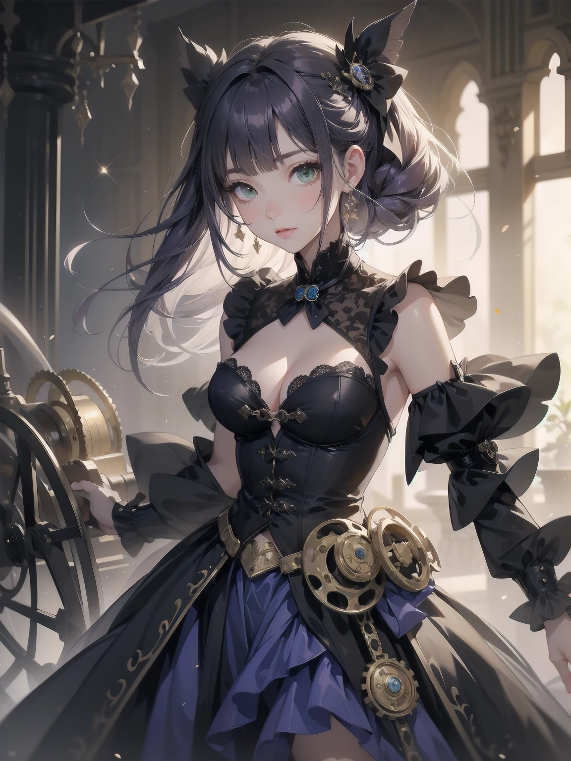 In a softly lit, misty atmosphere, Akane Kurokawa poses amidst Victorian-era inspired steampunk machinery. Her chibi-kawaii features shine with cheerful enthusiasm. A corseted waist is accentuated by a voluminous skirt, adorned with lace, frills, and ribbons. Dark blue-purple hair falls in a one-length bob with bangs framing her face, adding softness around the eyes. Green eyes sparkle like gears in the misty air, surrounded by intricate clockwork mechanisms. The subdued color palette of black, brown, and gray is elevated by the whimsical blend of steampunk elements.