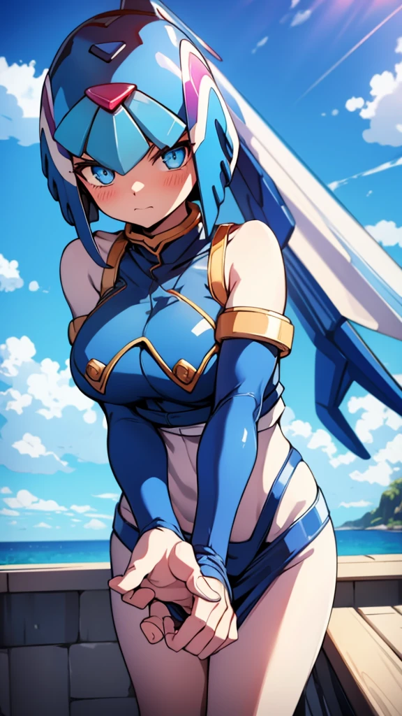Leviathan_Megamanz, 1 Girl ,Looking at the viewer , blue hair, Blue eyes,Clouds background , Blushed , , Wedding ring, Glasses