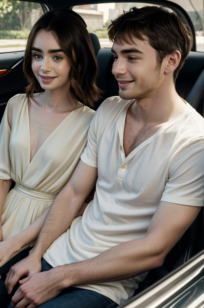 "In the picture, Lily Collins smiles radiantly at the camera, her gaze direct and captivating, as she gently cups Lucas's cheeks with one hand, her palm supporting his jaw. Meanwhile, Lucas smiles warmly, looking at Lily, who leans affectionately against his shoulder while they sit inside a Ferrari Portofino."