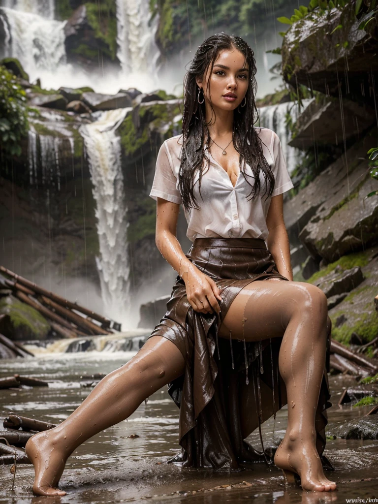 ((Masterpiece, excellent photo quality)), ((Three supermodels)), (rainstorm), (Beautiful, attractive 35 year old women with wet, wavy, stranded blonde hair ), (playing in deep muddy creek under a waterfall in rainstorm) (show rain showering and raining down ), (( wearing office uniform with a skirt)), (water running thru clothes), (Earrings, necklace, Lipstick), (muscular sexy well tanned legs), ((wet, oily real pantyhose with reinforced toes)), (Much rainfall and waterfall water in air wetting models), (rainstorm), (mud),