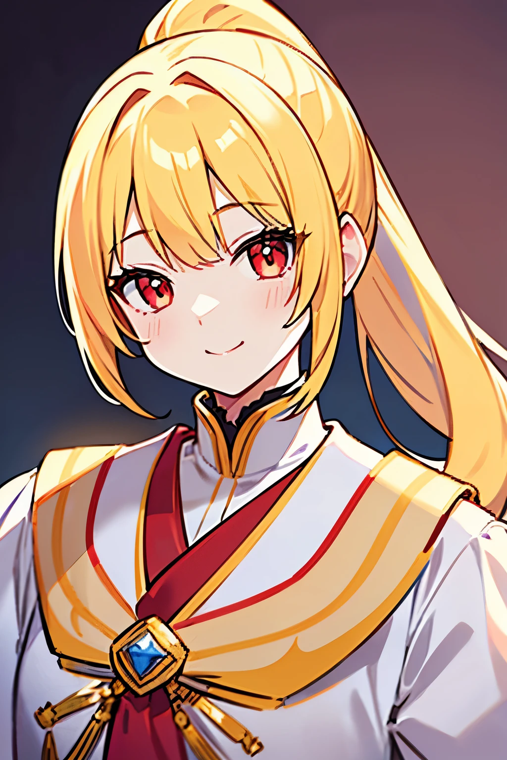 beautiful yellow hair、Red eyes、ponytail、clear、Kind personality、princess、Royalty、older sister、20-year-old、Character portrait、Smile、princessの派手な服装、White clothes、（Highly detailed illustration）